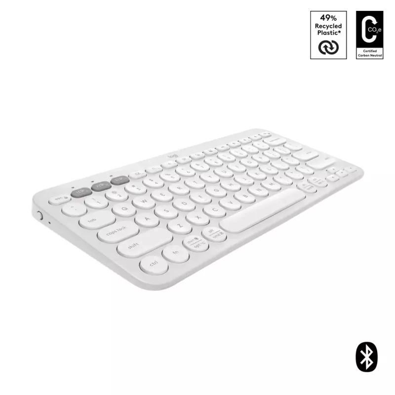 Kompaktná mini klávesnica Logitech Pebble Keys 2 K380s — RF Wireless + Bluetooth, QWERTY US International, biela