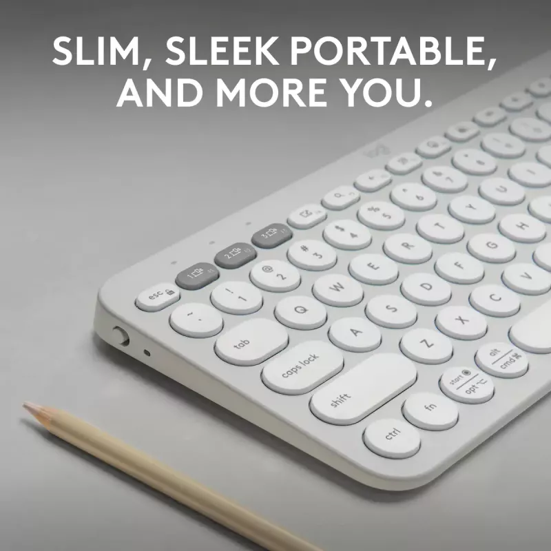 Kompaktná mini klávesnica Logitech Pebble Keys 2 K380s — RF Wireless + Bluetooth, QWERTY US International, biela