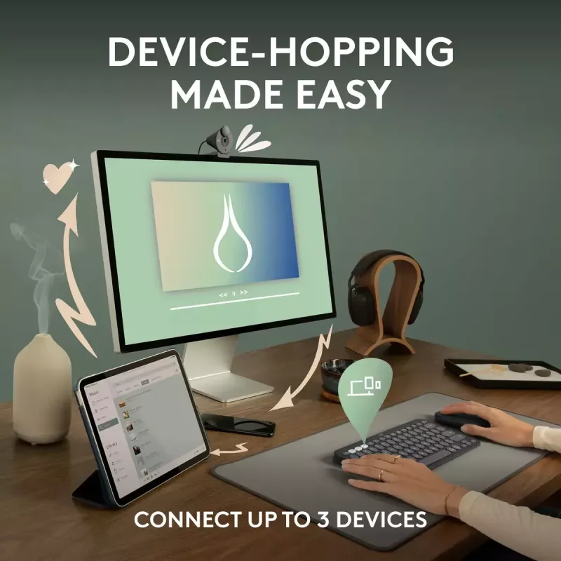 Kompaktná mini klávesnica Logitech Pebble Keys 2 K380s — RF Wireless + Bluetooth, QWERTY US International, biela