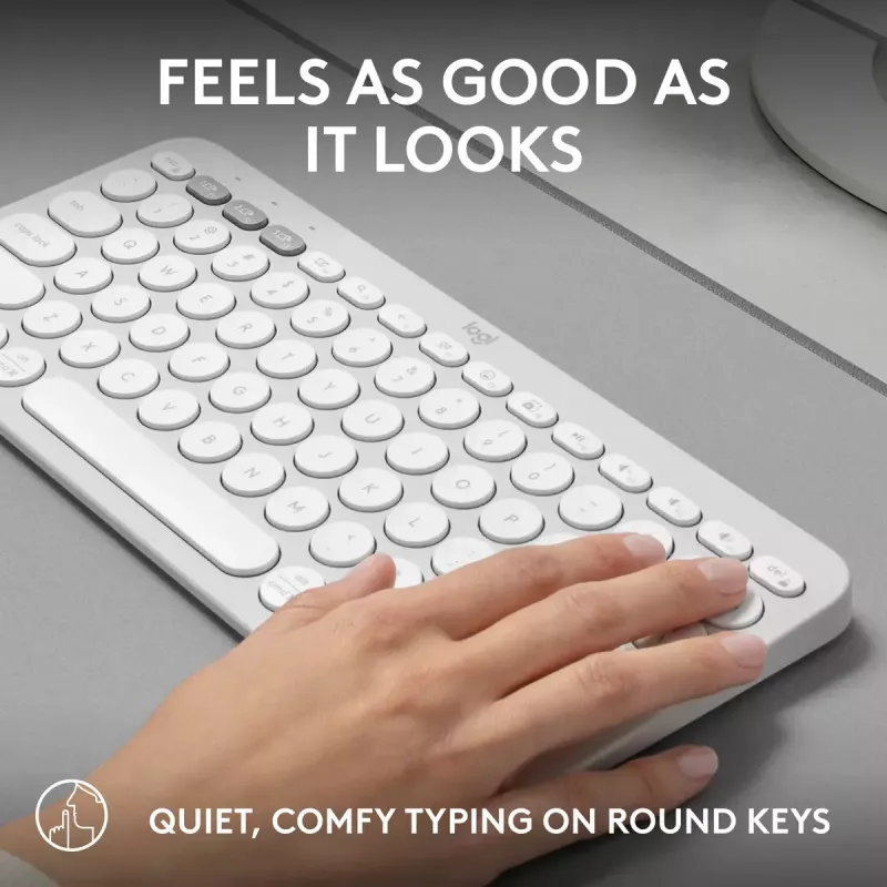Kompaktná mini klávesnica Logitech Pebble Keys 2 K380s — RF Wireless + Bluetooth, QWERTY US International, biela