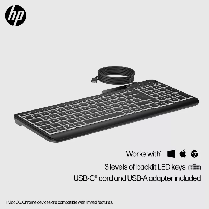 HP 405 Multi-Device podsvietená káblová klávesnica, plná veľkosť (100%), káblová, USB, membránová, QWERTY, čierna