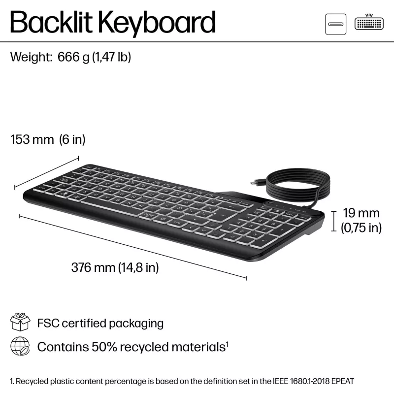 HP 405 Multi-Device podsvietená káblová klávesnica, plná veľkosť (100%), káblová, USB, membránová, QWERTY, čierna