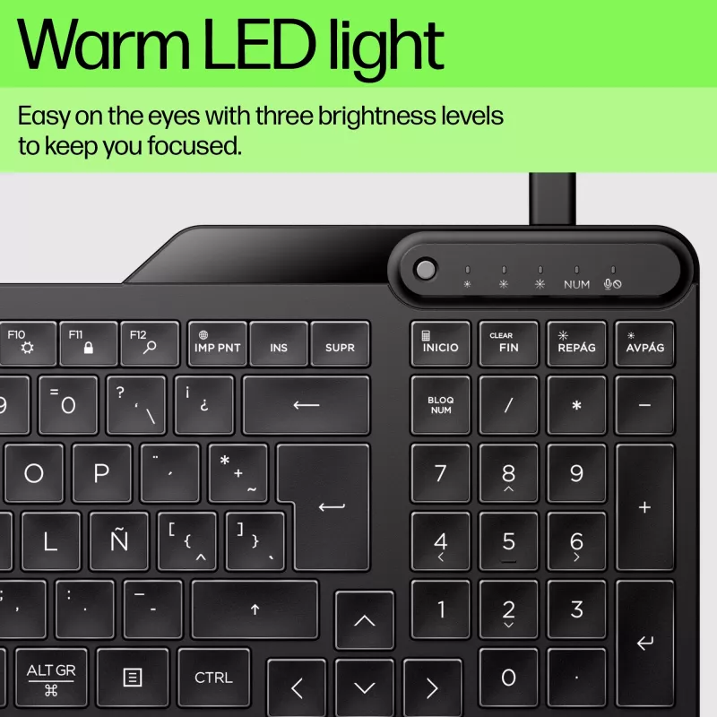 HP 405 Multi-Device podsvietená káblová klávesnica, plná veľkosť (100%), káblová, USB, membránová, QWERTY, čierna