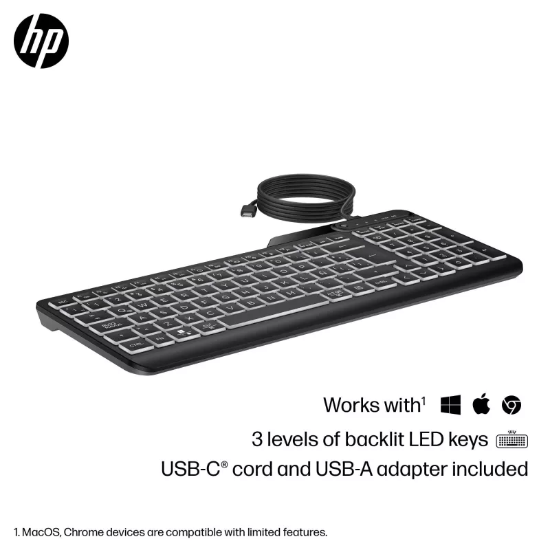 HP 405 Multi-Device podsvietená káblová klávesnica, plná veľkosť (100%), káblová, USB, membránová, QWERTY, čierna