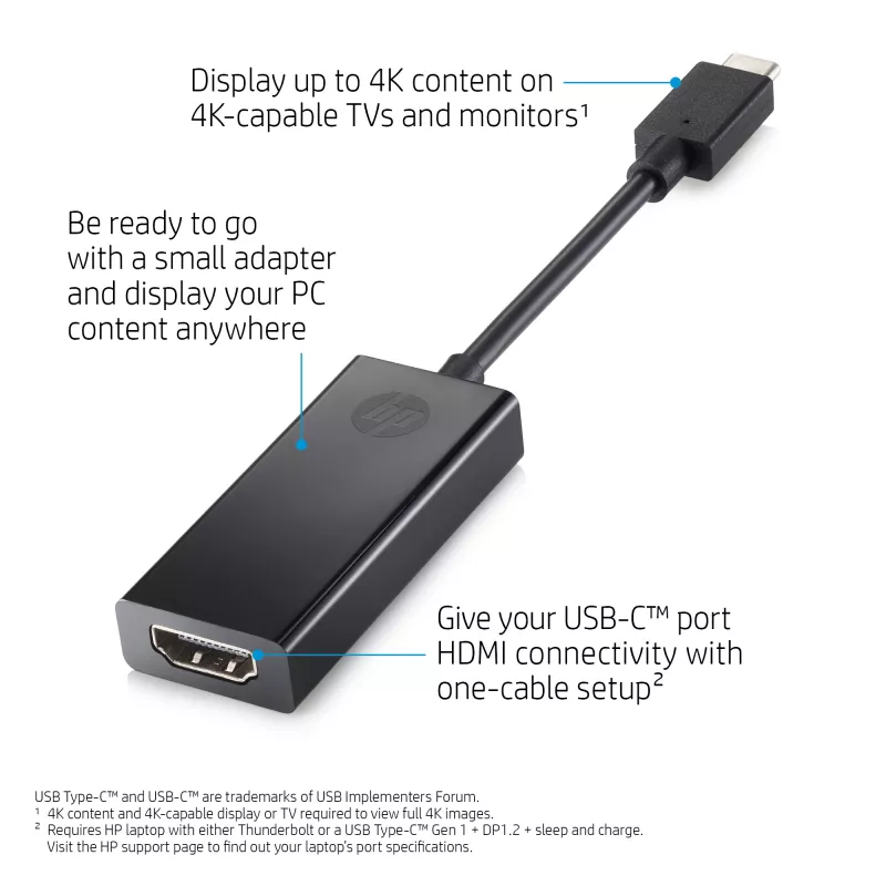 HP 1WC36AA adaptér USB-C na HDMI 2.0, USB-C samec na HDMI samica, čierny