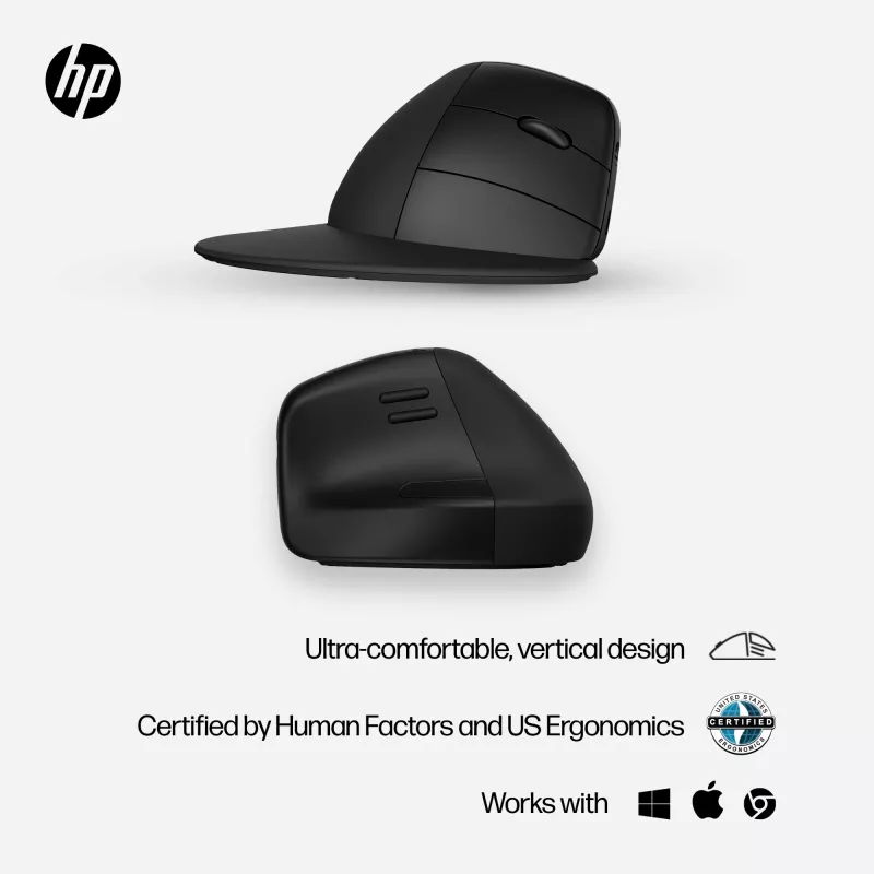 HP 920 Ergonomická bezdrôtová myš, pre pravákov, vertikálny dizajn, Bluetooth + USB Type-A, 4000 DPI, Čierna