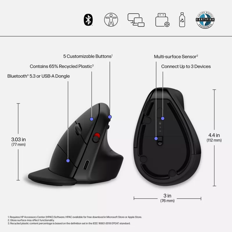 HP 920 Ergonomická bezdrôtová myš, pre pravákov, vertikálny dizajn, Bluetooth + USB Type-A, 4000 DPI, Čierna