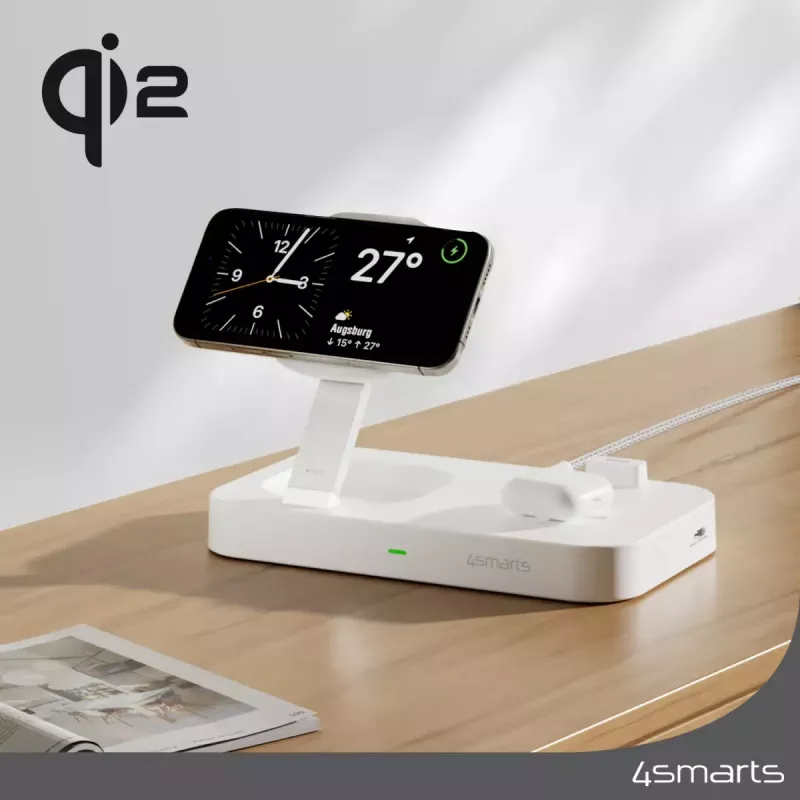 Bezdrôtová nabíjačka 4smarts Qi2 univerzálna biela rýchlonabíjačka pre vnútorné použitie AC 12V