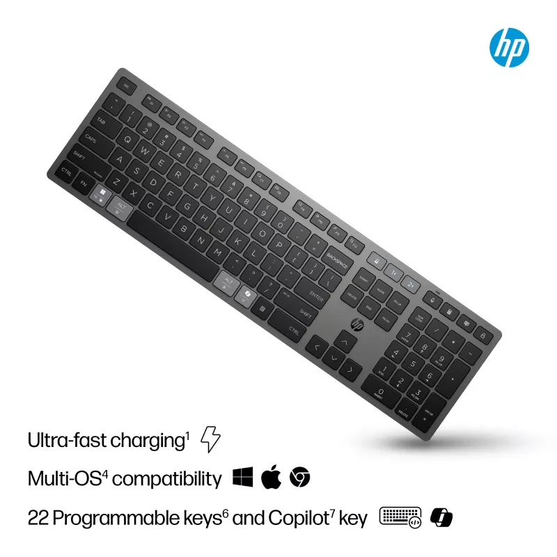 HP 725 Multi-Device nabíjateľná bezdrôtová klávesnica, plná veľkosť (100%), bezdrôtová, RF Wireless + Bluetooth, čierna