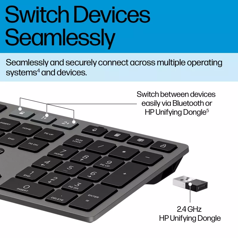 HP 725 Multi-Device nabíjateľná bezdrôtová klávesnica, plná veľkosť (100%), bezdrôtová, RF Wireless + Bluetooth, čierna
