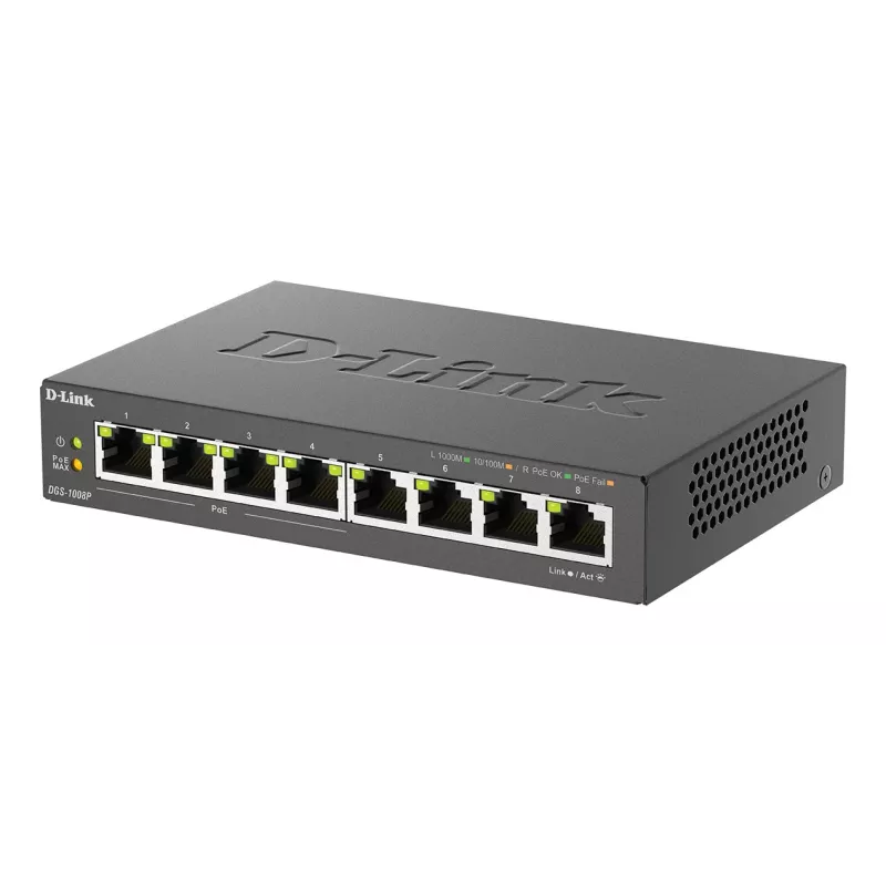 Neřízený switch D-Link DGS-1008P/E, L2, 8 portov, PoE