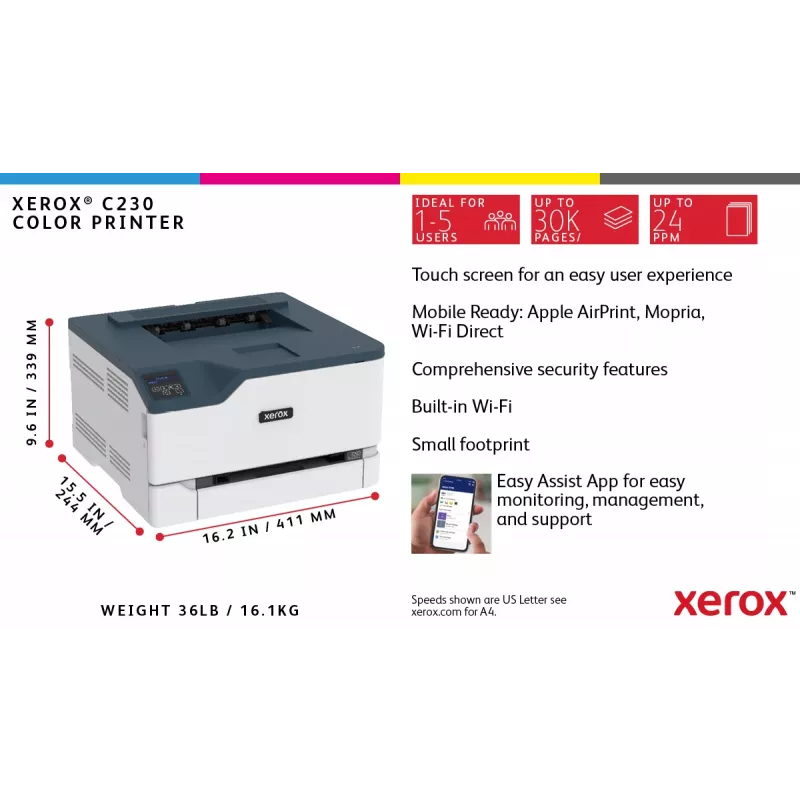 Xerox C230 A4 22ppm Wireless Duplex tlačiareň PS3 PCL5e6 2 papierové zásobníky celkom 251 listov