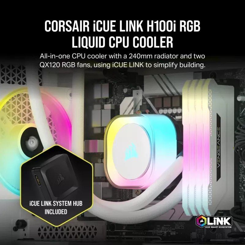 CORSAIR chladič CPU – iCUE Link H100i RGB AiO kvapalinový chladič – biely
