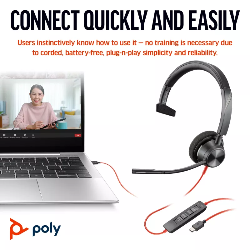 HP Poly Blackwire 3310 monaurálny headset s USB-C + USB-C/A adaptér