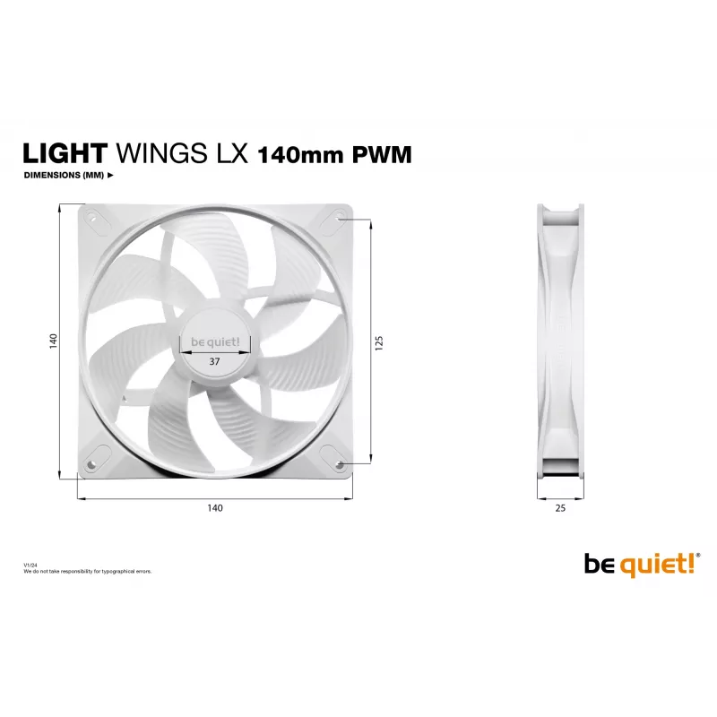 bequiet! LIGHT WINGS LX 140mm PWM 3-balík biely — 140×25 mm ventilátor, 1200 ot/min, 95 m³/h, RGB-LED
