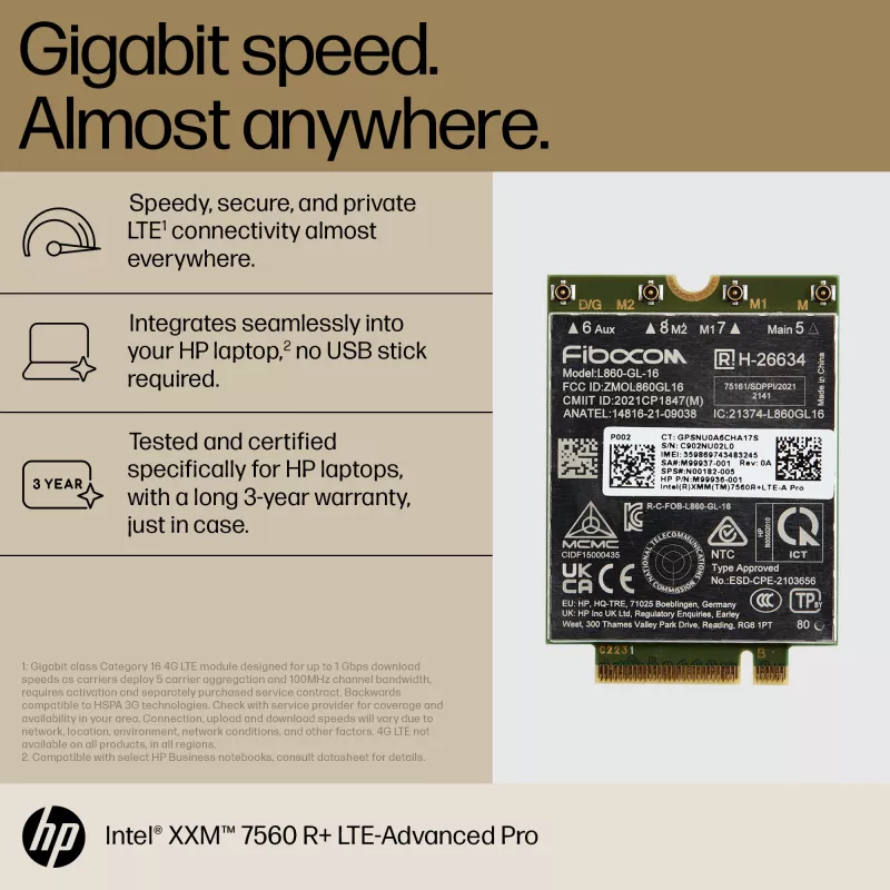 HP XMM 7560 R+ LTE-Advanced Pro WWAN, Čína, Business, -20 - 65 °C, -40 - 85 °C, Windows 10, Windows 11, 42 mm