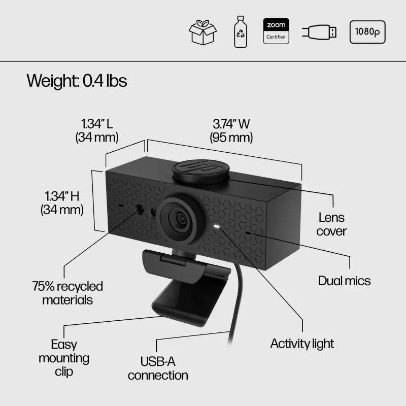 HP 620 FHD webkamera, 4 MP, 1920 x 1080 pixelov, Full HD, 60 fps, 720p, 1080p, 5x