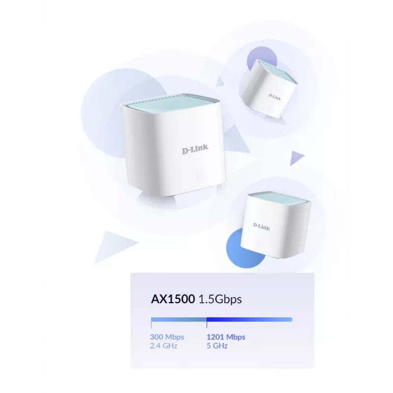 D-Link EAGLE PRO AI AX1500 Mesh systém - balenie 3 ks, biela, Intern, Mesh systém, napájanie, stav, 500 m², Dualband (2,4 GHz / 5 GHz)