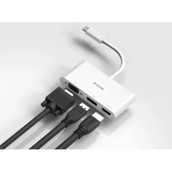 D-Link 3-in-1 USB-C na HDMI/VGA/DisplayPort adaptér, Wired, USB 3.2 Gen 1 (3.1 Gen 1) Type-C, biela, CE, FCC, IC, RCM, DC, 0,04 A