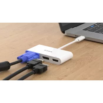 D-Link 3-in-1 USB-C na HDMI/VGA/DisplayPort adaptér, Wired, USB 3.2 Gen 1 (3.1 Gen 1) Type-C, biela, CE, FCC, IC, RCM, DC, 0,04 A