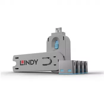 Lindy USB port blocker - balenie 4 kusy, farebný kód: modrá, port blocker + kľúč, USB Type-A, modrá, akrylonitril-butadién-styrén (ABS), 5 kusov, polytaška