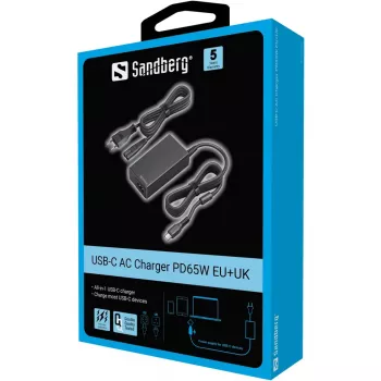 Sandberg USB-C AC nabíjačka PD65W EU+UK, univerzálna, interiérová, 230 V, 65 W, AC-DC, čierna