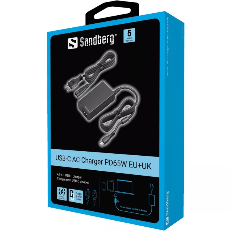 Sandberg 135-76 sieťová nabíjačka USB-C PD65W EU+UK, 65 W, 3,25 A, 100-240 V, kábel 1,8 m