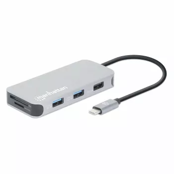 Manhattan USB-C dok/hub s čítačkou kariet, konektory (x6): Ethernet, HDMI, USB-A (x3) a USB-C, s Power Delivery (100 W) na USB-C konektore (poznámka: vyžaduje sa dodatočný USB-C napájací zdroj a USB-C kábel), univerzálny pre všetky zariadenia, kábel 15 cm, hliník, strieborná