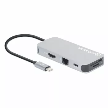 Manhattan USB-C dok/hub s čítačkou kariet, konektory (x6): Ethernet, HDMI, USB-A (x3) a USB-C, s Power Delivery (100 W) na USB-C konektore (poznámka: vyžaduje sa dodatočný USB-C napájací zdroj a USB-C kábel), univerzálny pre všetky zariadenia, kábel 15 cm, hliník, strieborná