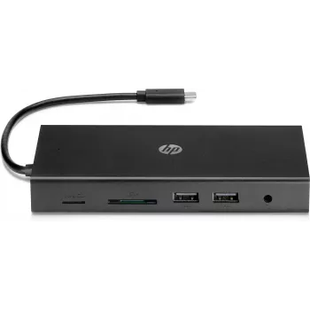 USB-C Multi Port Hub HP Travel – HP 1C1Y5AA, USB-C host, HDMI 2.0, VGA, 1×RJ-45, 2×USB-A 3.2 Gen1, 2×USB 2.0, čítačka MicroSD kariet, čierny