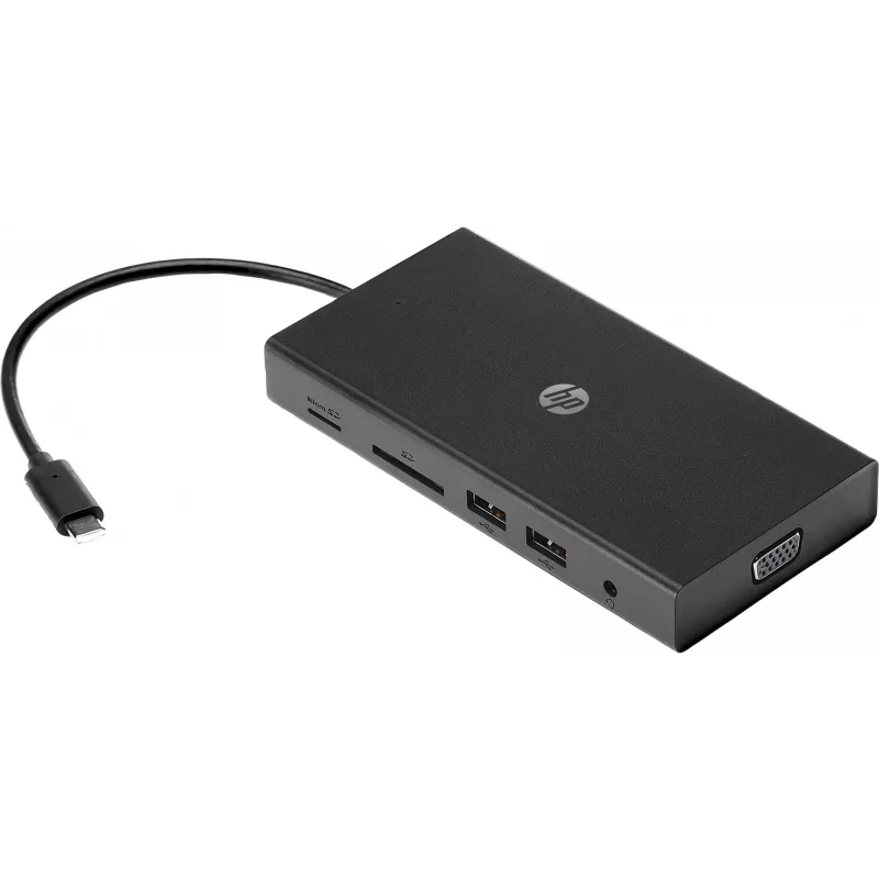 USB-C Multi Port Hub HP Travel – HP 1C1Y5AA, USB-C host, HDMI 2.0, VGA, 1×RJ-45, 2×USB-A 3.2 Gen1, 2×USB 2.0, čítačka MicroSD kariet, čierny