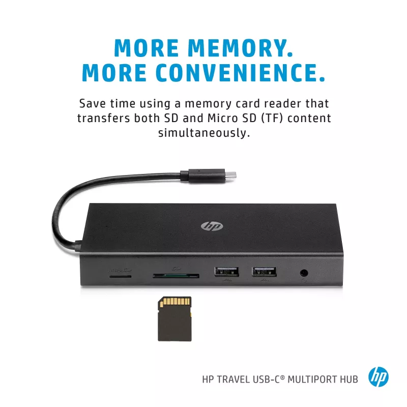 USB-C Multi Port Hub HP Travel – HP 1C1Y5AA, USB-C host, HDMI 2.0, VGA, 1×RJ-45, 2×USB-A 3.2 Gen1, 2×USB 2.0, čítačka MicroSD kariet, čierny