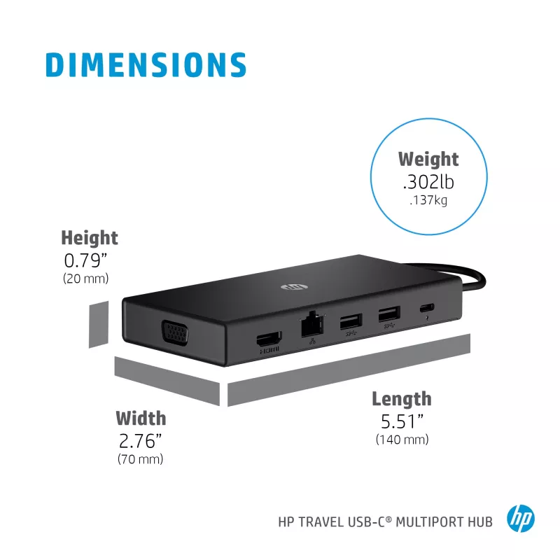 USB-C Multi Port Hub HP Travel – HP 1C1Y5AA, USB-C host, HDMI 2.0, VGA, 1×RJ-45, 2×USB-A 3.2 Gen1, 2×USB 2.0, čítačka MicroSD kariet, čierny