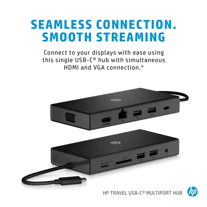 USB-C Multi Port Hub HP Travel – HP 1C1Y5AA, USB-C host, HDMI 2.0, VGA, 1×RJ-45, 2×USB-A 3.2 Gen1, 2×USB 2.0, čítačka MicroSD kariet, čierny