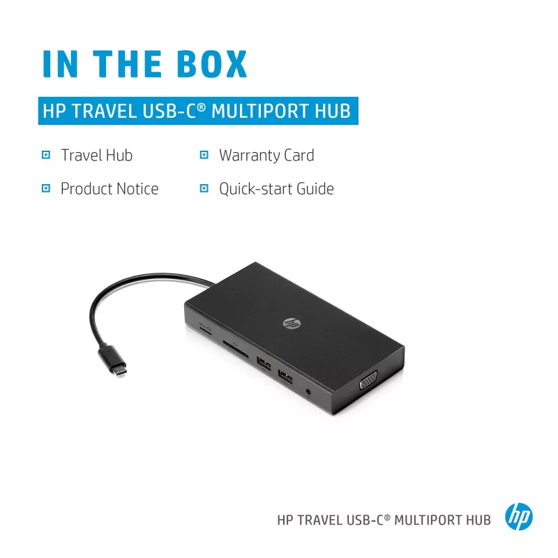 USB-C Multi Port Hub HP Travel – HP 1C1Y5AA, USB-C host, HDMI 2.0, VGA, 1×RJ-45, 2×USB-A 3.2 Gen1, 2×USB 2.0, čítačka MicroSD kariet, čierny