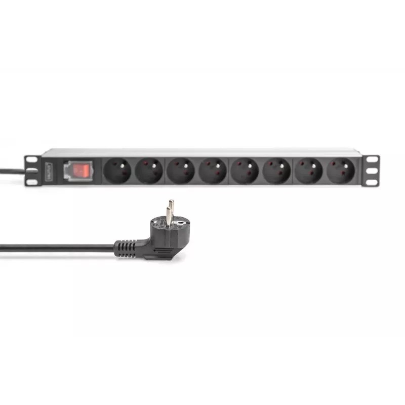 DIGITUS 1U hliníkový PDU, rackový, 8x CEE 7/5 menovitý výkon: 16A, 4000W, 250VAC 50/60Hz,