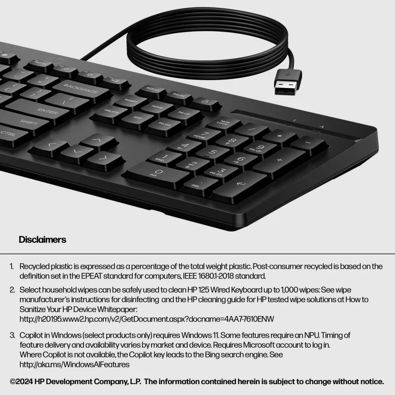 HP 125 káblová klávesnica, plná veľkosť (100%), káblová, USB, čierna