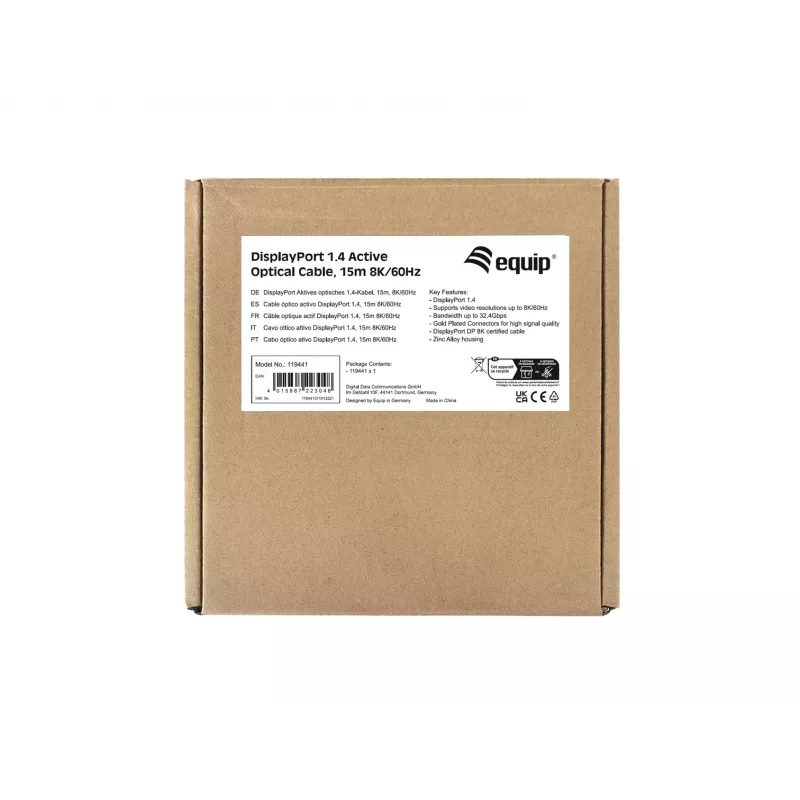 Equip 119441 aktívny optický kábel DisplayPort 1.4 (AOC), samec/samec, 15 m, 8K/60Hz, HDCP, čierny