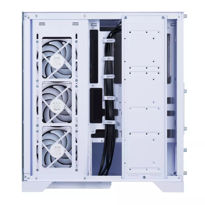 XPG Invader X BTF PC skriňa Midi Tower, ATX/Micro-ATX/Mini-ITX, priehľadný bočný panel, 5 ARGB ventilátorov 120 mm, USB-C, bez zdroja, biela