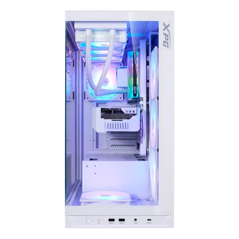 XPG Invader X BTF PC skriňa Midi Tower, ATX/Micro-ATX/Mini-ITX, priehľadný bočný panel, 5 ARGB ventilátorov 120 mm, USB-C, bez zdroja, biela