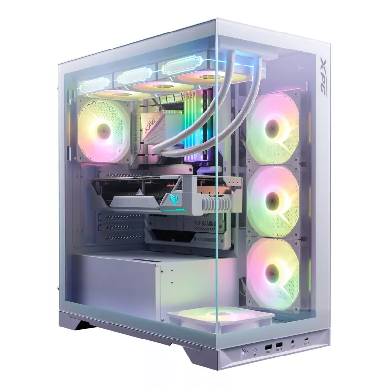 XPG Invader X BTF PC skriňa Midi Tower, ATX/Micro-ATX/Mini-ITX, priehľadný bočný panel, 5 ARGB ventilátorov 120 mm, USB-C, bez zdroja, biela
