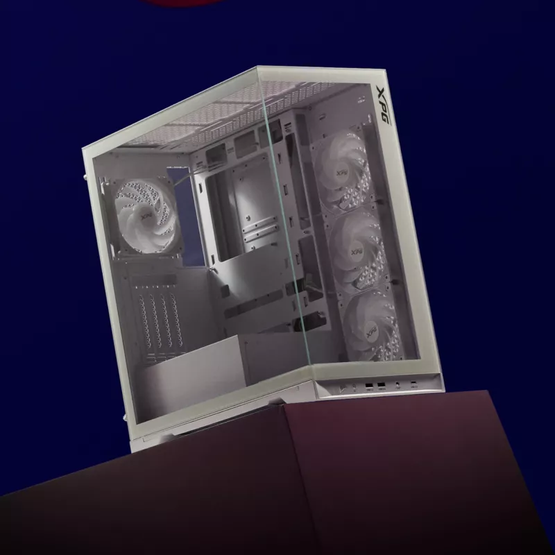 XPG Invader X BTF PC skriňa Midi Tower, ATX/Micro-ATX/Mini-ITX, priehľadný bočný panel, 5 ARGB ventilátorov 120 mm, USB-C, bez zdroja, biela