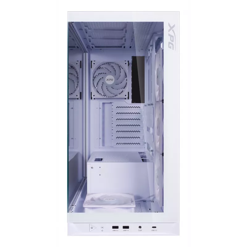 XPG Invader X BTF PC skriňa Midi Tower, ATX/Micro-ATX/Mini-ITX, priehľadný bočný panel, 5 ARGB ventilátorov 120 mm, USB-C, bez zdroja, biela