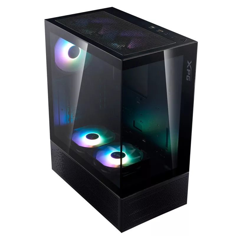 XPG Invader X Mini PC skriňa Midi Tower, ATX/Micro-ATX/Mini-ITX, tvrdené sklo, 5 ARGB ventilátorov 120 mm, USB-C, bez zdroja, čierna