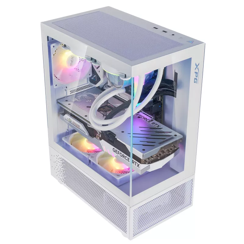 XPG Invader X Mini PC skriňa Midi Tower, ATX/Micro-ATX/Mini-ITX, sklenené panely, 5 ARGB ventilátorov 120 mm, USB-C, bez zdroja, biela