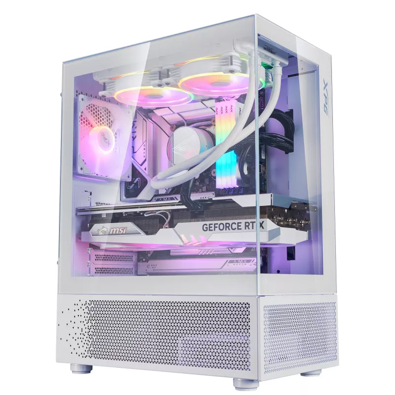 XPG Invader X Mini PC skriňa Midi Tower, ATX/Micro-ATX/Mini-ITX, sklenené panely, 5 ARGB ventilátorov 120 mm, USB-C, bez zdroja, biela