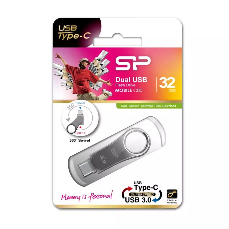 SILICON POWER Mobile C80 – 32 GB Dual-USB kľúč – Type-C / Type-A – sivý