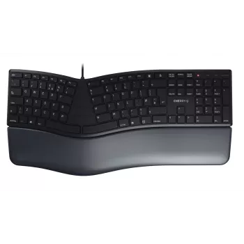 Káblová ergonomická full-size klávesnica Cherry KC 4500 ERGO čierna USB QWERTY UK 109 klávesov zakrivené rozloženie podložka na zápästie 1,8 m kábel