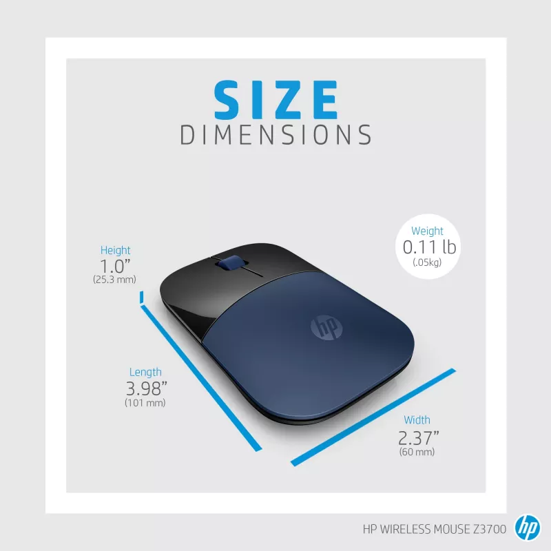 HP Z3700 modrá bezdrôtová myš, obojručná, optická, RF Wireless, 1200 DPI, modrá