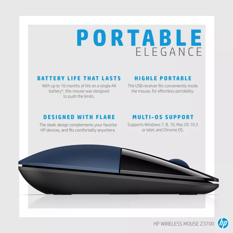 HP Z3700 modrá bezdrôtová myš, obojručná, optická, RF Wireless, 1200 DPI, modrá